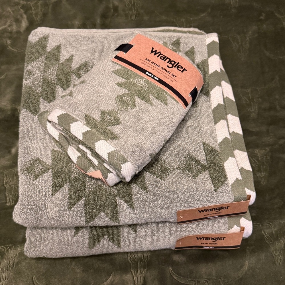 Wrangler Bath Towel Set Unisex OS Clayton Green New 4pc Southwestern Quick Dry
